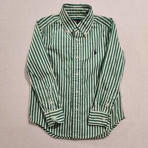 Ralph Lauren Boys Green Stripe Long Sleeve Button Down Shirt Size 4/4T Christmas